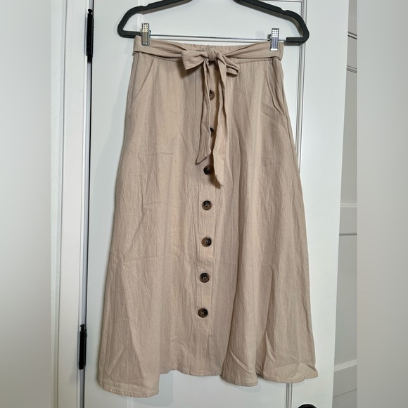 Tan Midi A-Line Skirt with Tie Front for Casual Wear - Picture 1 of 3